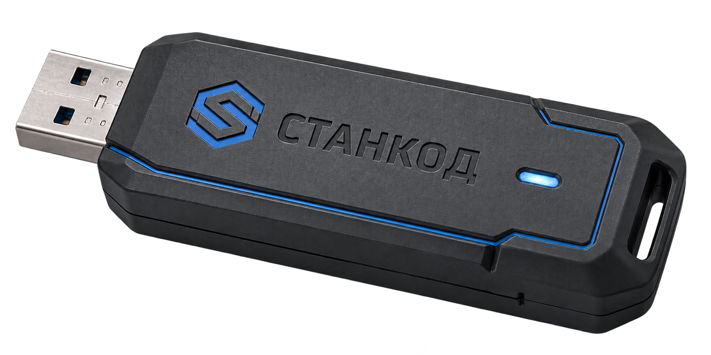 Рендер корпуса СТАНКОД Мост: графитовый модуль с USB-разъёмом, индикатором и Wi‑Fi-антенной.